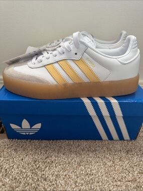 adidas White Sneakers with Gold Stripes and Gum Platform Sole